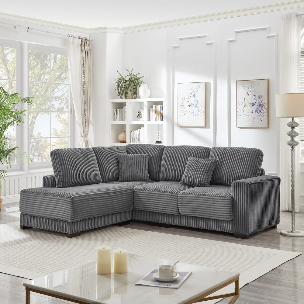 L Shaped Sectional Sofa with Reversible Chaise Lounge, Convertible Sectional 3 Seat Sofa, Corduroy Upholstered Corner Sofa
