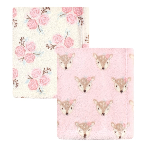slide 1 of 1, Hudson Baby Infant Girl Cozy Plush Luxury Blankets 2pk, Floral Deer, One Size - Floral Deer - One Size One Size - Floral Deer