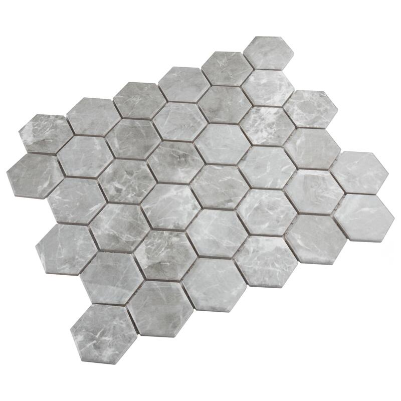 Merola Tile Flo 2" Hex Grey 11-1/8" x 12-5/8" Porcelain Mosaic Floor and Wall Tile
