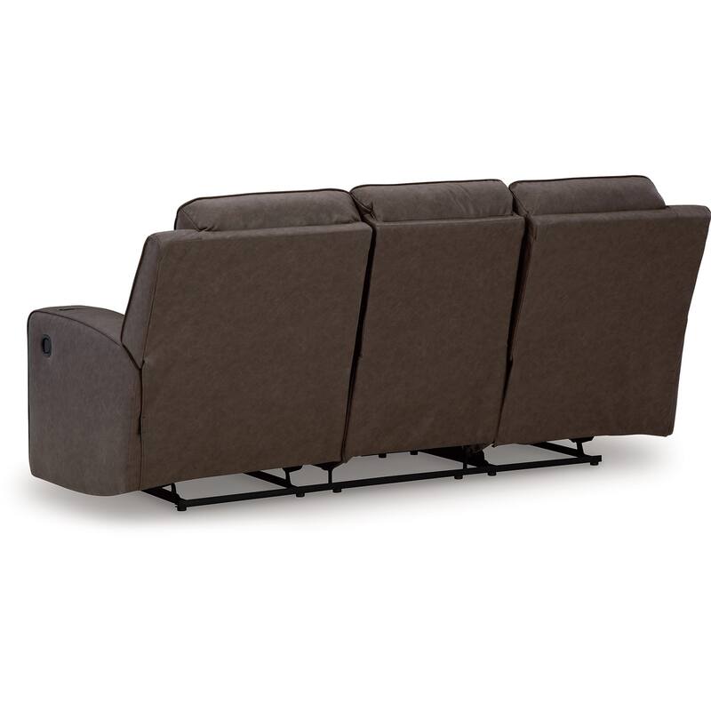 Livie Manual Recliner Sofa, USB, Table 87in Brown Gray Faux Leather