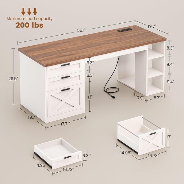 dimension image slide 6 of 30, Farmhouse Executive L Shaped Desk Home Office Desk with Drawers and Storage Cabinet & Power Outlet
