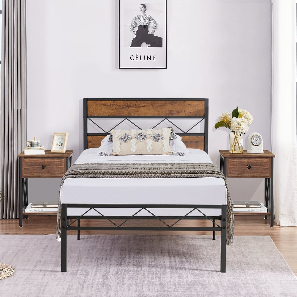 VECELO 3 Piece Bedroom Set Platform Bed Frame and Nightstands Set of 2