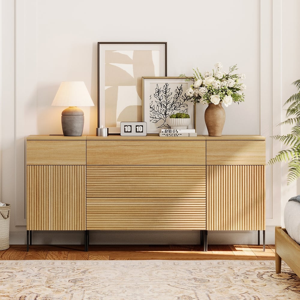 63" Modern Wood 5-Drawer Dresser With Reeded Design, Minimalist Dresser Organizer Storage