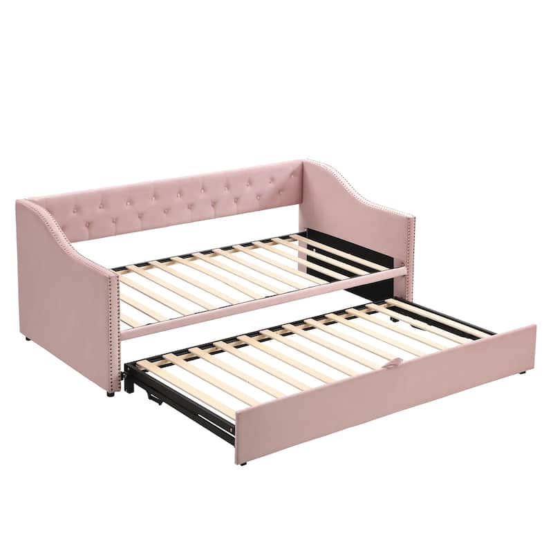 Pink Twin Upholstered Daybed with Pop-Up Trundle