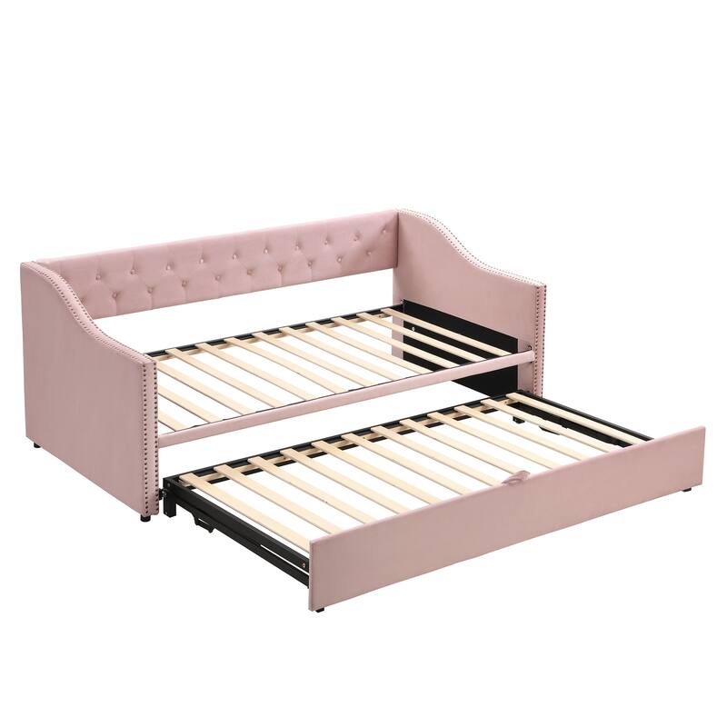 Twin Size Upholstered Daybed with Pop-Up Trundle, Expandable from Twin to King, Velvet with Armrests
