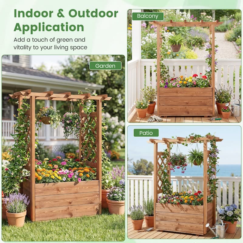 Gymax Wooden Raised Garden Bed/ Lattice Trellises Hanging Roof
