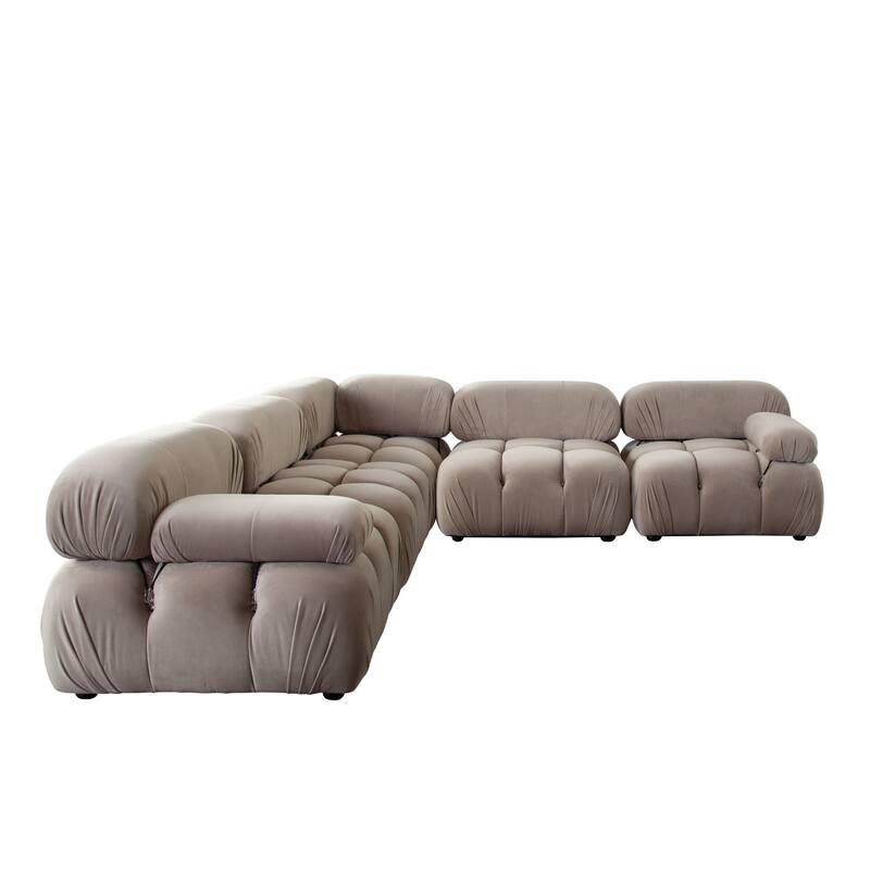 Hito 5 Piece Modular Sectional L Sofa Set, Tan Brown Bubble Grid Tufting