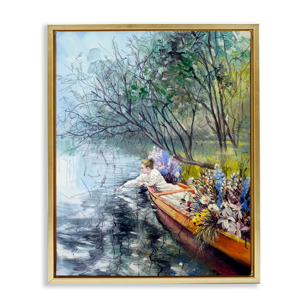 Stupell Woman in Floral Filled Boat Framed Floater Canvas Wall Art Design By Lucille Lee