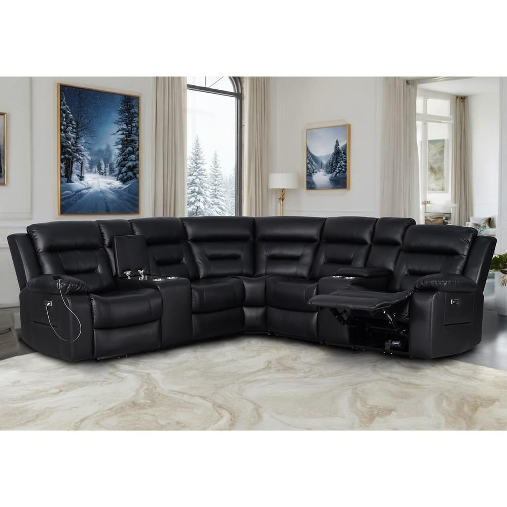 109" Power Reclining Sectional Couch, Modular Livingroom Recliner Sofa with 2 Storage Console & 4 Cup Holders