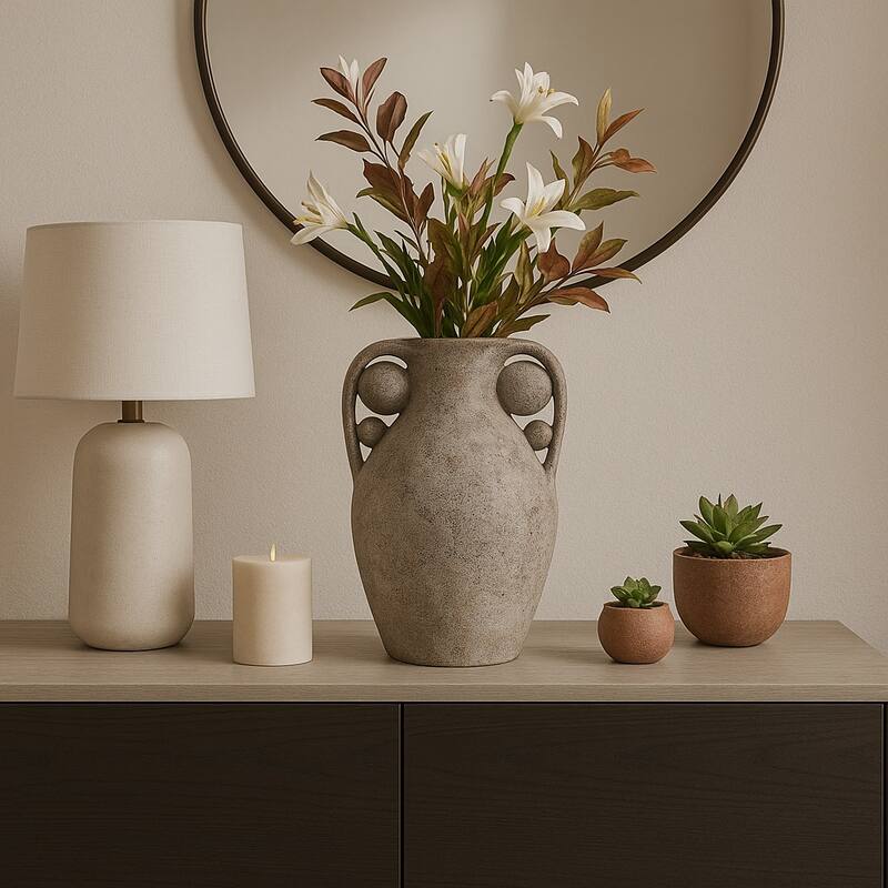 Terracotta Amphora Vase with Orbs Under Handles - Gray, 26"