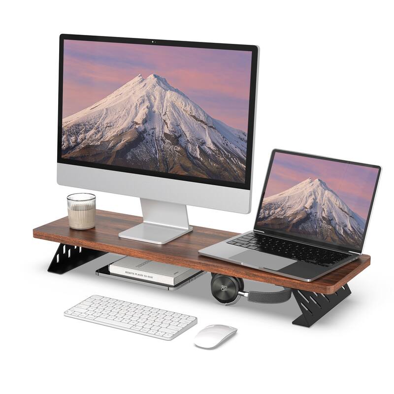 Fenge Dual Monitor Stand Riser, 31.5 inch Long Monitor Stand for Desk - 31.5 x 9.2 x 3.9 inches - Brown-31.5 Inch