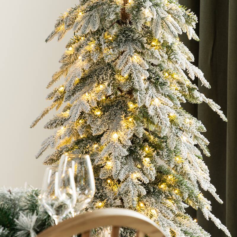 Glitzhome Pre-Lit Flocked Pencil Spruce Artificial Christmas Tree with Warm White Lights