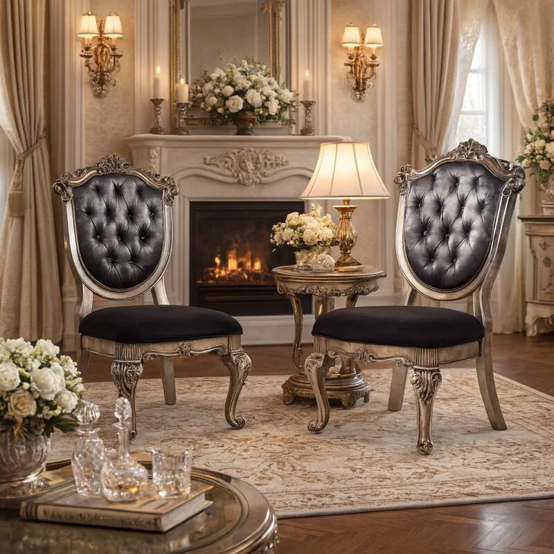 Wooden Side Chair with Cabriole Legs and Fabric Upholstered Seat, Gray and Silver, Set of Two