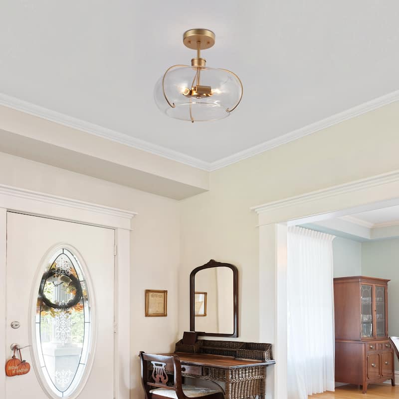 Modern Gold 3-Light Semi Flush Mount Ceiling Light with Clear Glass - Dark Gold - Dia.12"xH11.5"