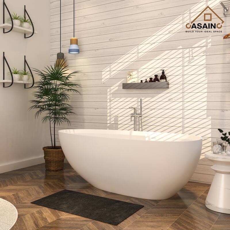 63 in. x 22 in. Solid Surface Stone Resin Stand Alone Freestanding Soaking Bathtub in White with Center Drain