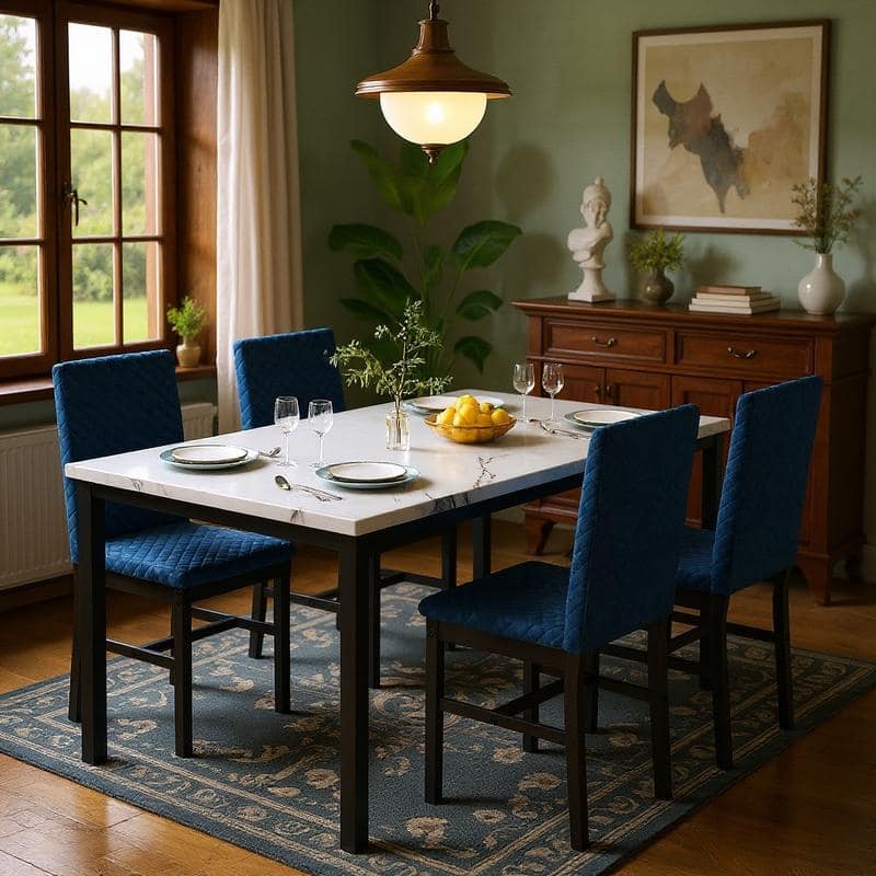 Grondin 5-Piece Dining Room Table Set with Faux Marble Table Top and Diamond Stitching Velvet Upholstery Dining Chairs - Blue