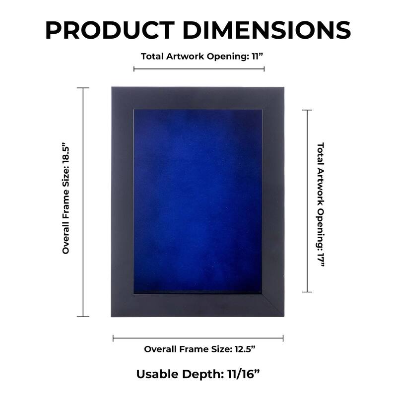 11x17 Black Shadowbox Frame - Shadow Box Frame Interior Size 11x17 by 15/16" Deep - Royal Blue Acid-Free Suede Backing -