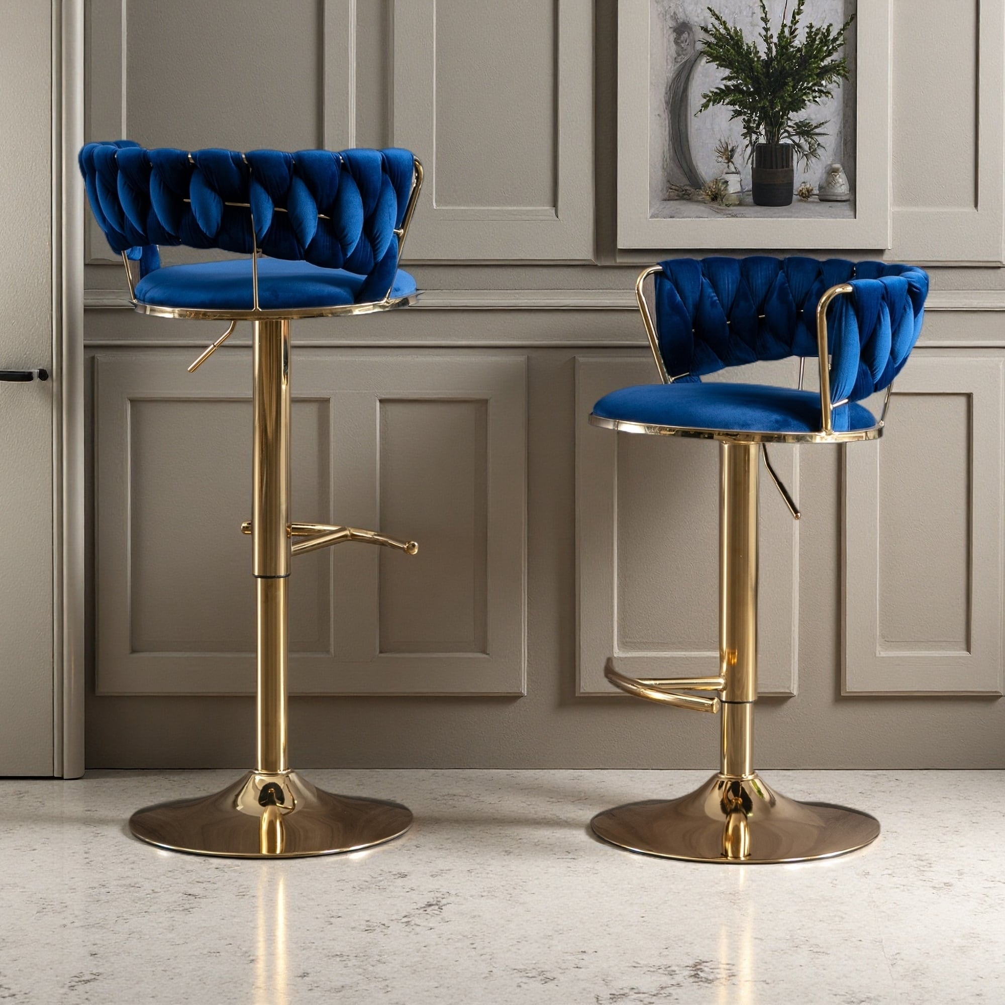 Velvet Adjustable Swivel Bar Stools with Chrome Footrest and Metal Legs, Set of 2