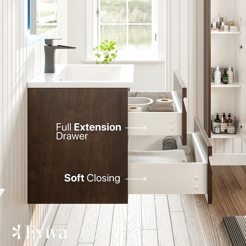 Joy 24"W Rosewood Wall Mount Bath Vanity with Porcelain Top