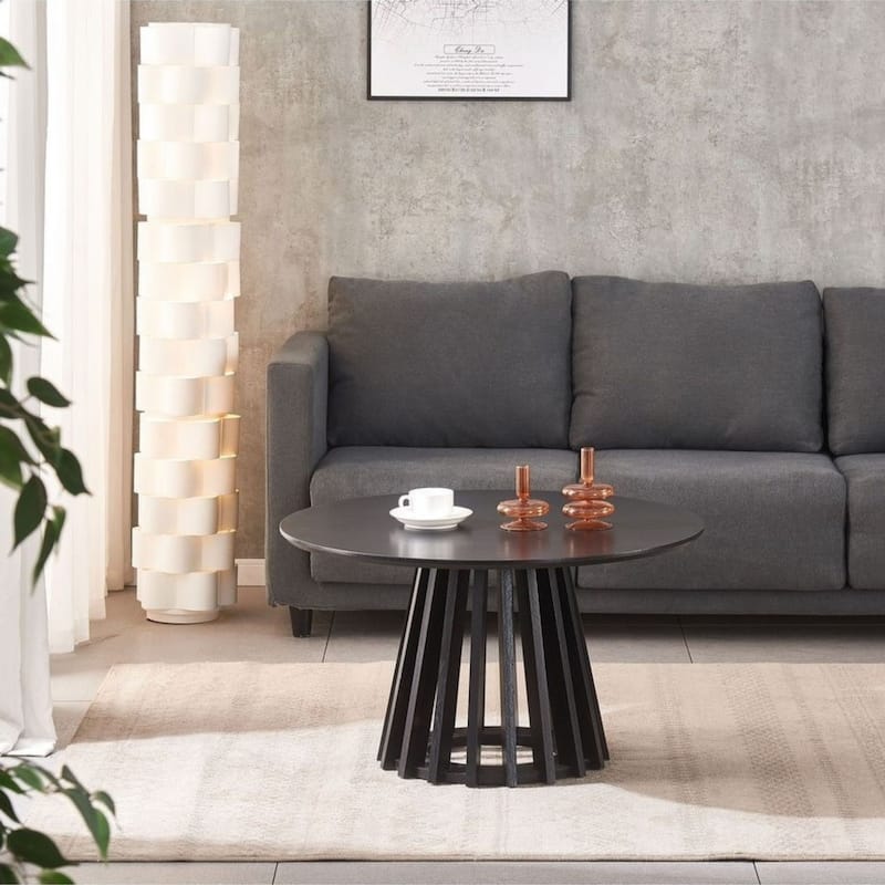 Black 31" Round Coffee Table Modern Mid-Century Wood Slatted Base - 19x20