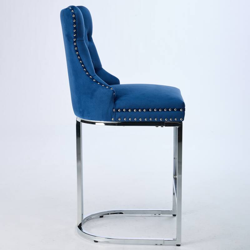 Roomfitters Velvet Counter Height Bar Stools Set of 2, Tufted Upholstered Bar Chairs with Nailhead Trim and Chrome Metal Base