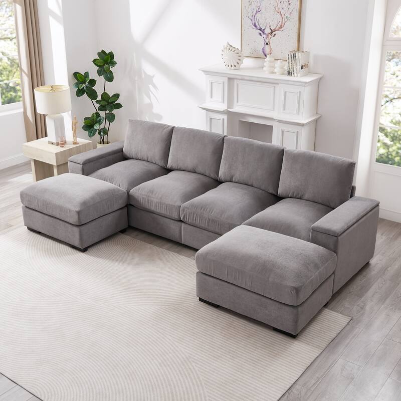 U-Shaped Sectional Sofa with Movable Ottomans, Comfy Corduroy Deep Seat Sofa, Large 4 Seat Sofa with Storage Armrests