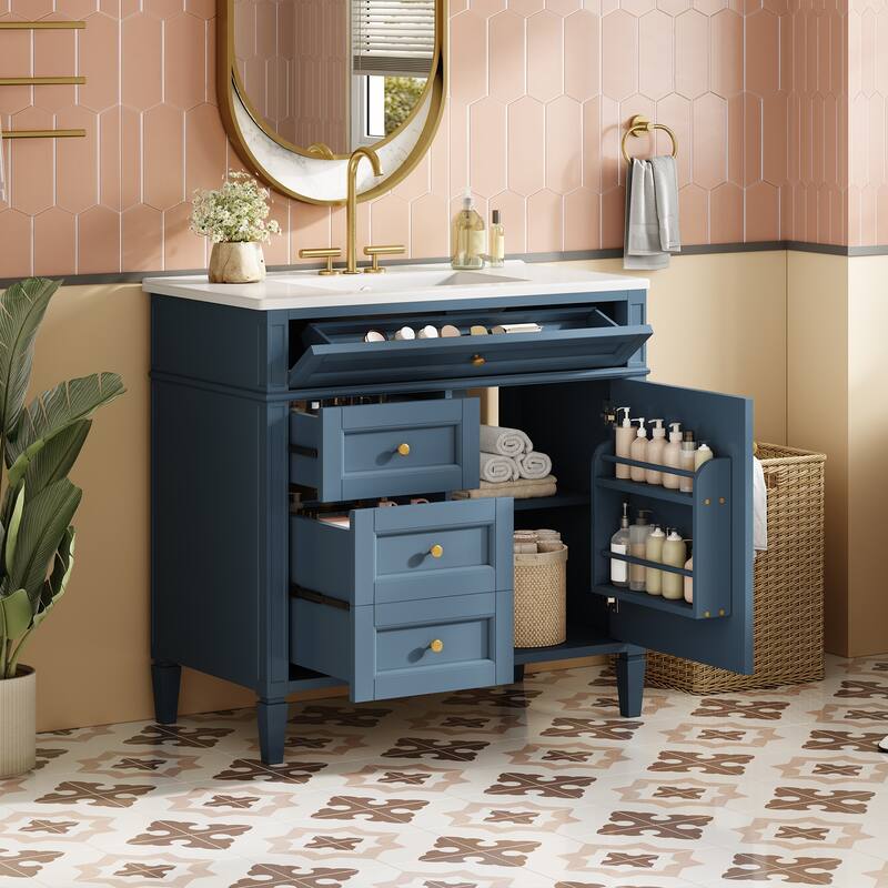 Modern Single Sink Bathroom Vanity Cabinet with Door Rack, Tip-out Drawer, 2 Pull-out Drawers, Metal Knobs and Adjustable Shelf
