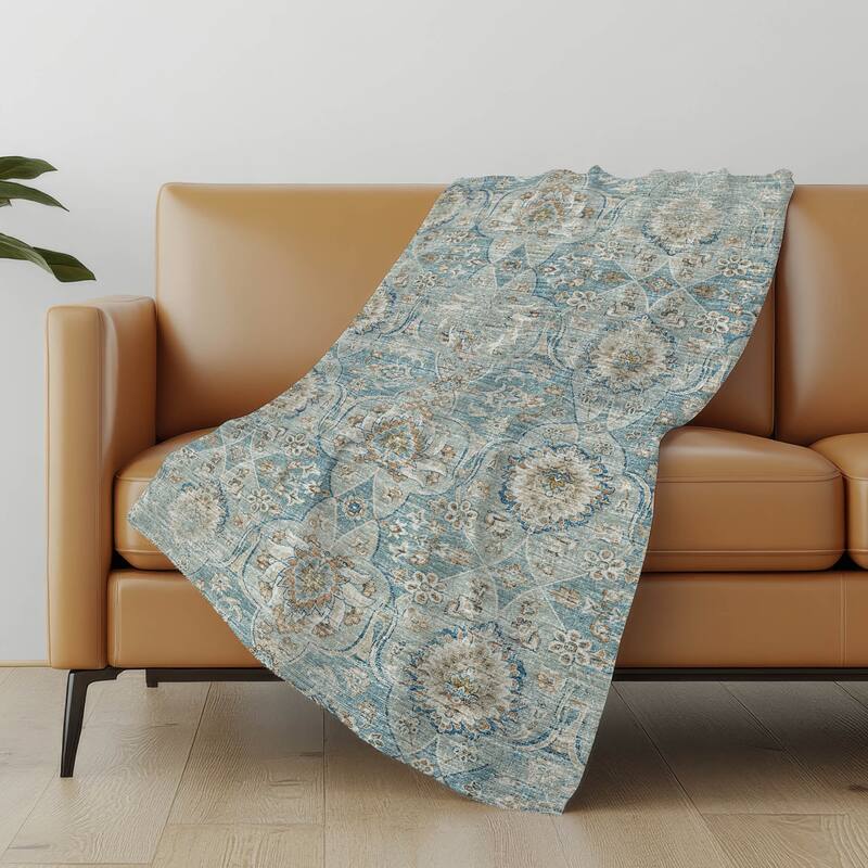 Premium Machine Washable ASB95 Traditional Persian Sherpa Throw Blanket - Peacock - 4'2" x 5'10"