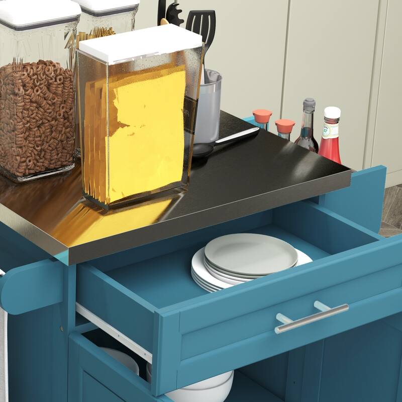Blue Pine Wood Kitchen Island with Stainless Steel Top and Storage - 33" L x 18" W x 35.75" H