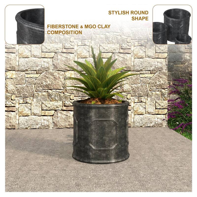 Meadow Classic Round Fiberstone and MGO Clay Planter with Drainage for Indoor Outdoor Home Office Yard Patio Fully Assembled