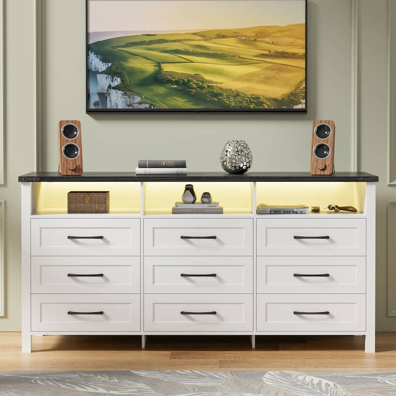 9 Drawer Dresser with LED Lights Large Drawers and 3 Open Space for Bedroom, Living Room, Entryway - White