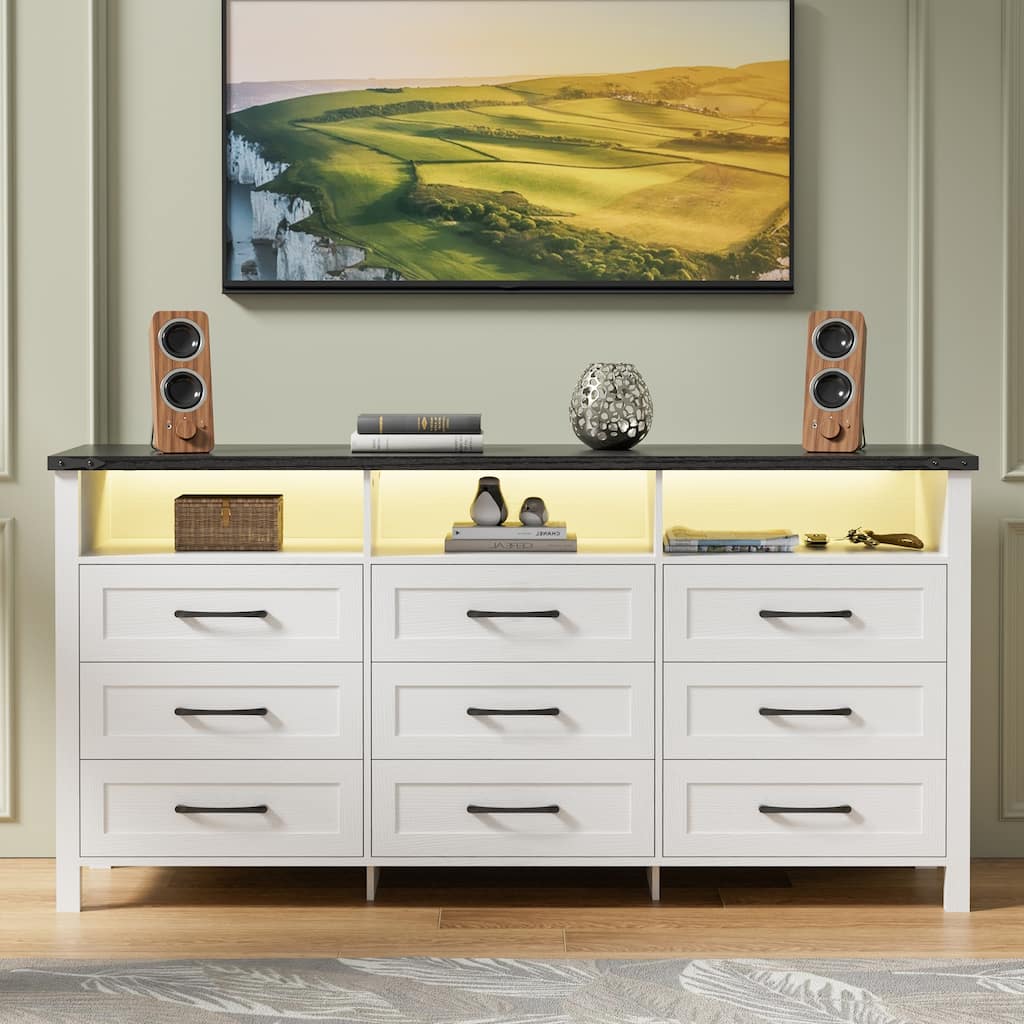 9 Drawer Dresser with LED Lights Large Drawers and 3 Open Space for Bedroom, Living Room, Entryway
