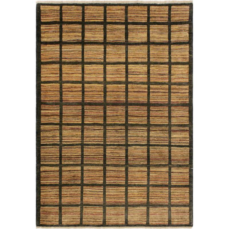 Chromatic Mosaic Gabbeh Hand Knotted Wool Rug - 4'2'' x 5'11'' - Grey/Rust/Green/Brown