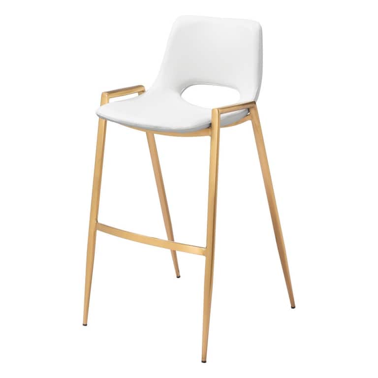 Set of Two 30" White And Gold Faux Leather And Steel Low Back Bar Height Bar Chairs