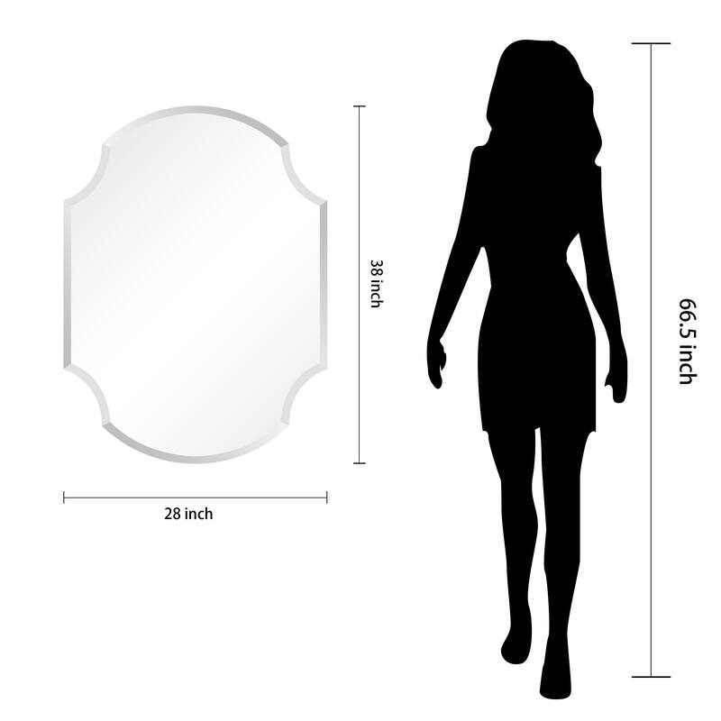 Frameless Beveled Octagonal Scallop Black Matte Finished Wall Mirror, 1" Beveled Rectangular Scalloped Mirror - 28" x 38" x 0.6"