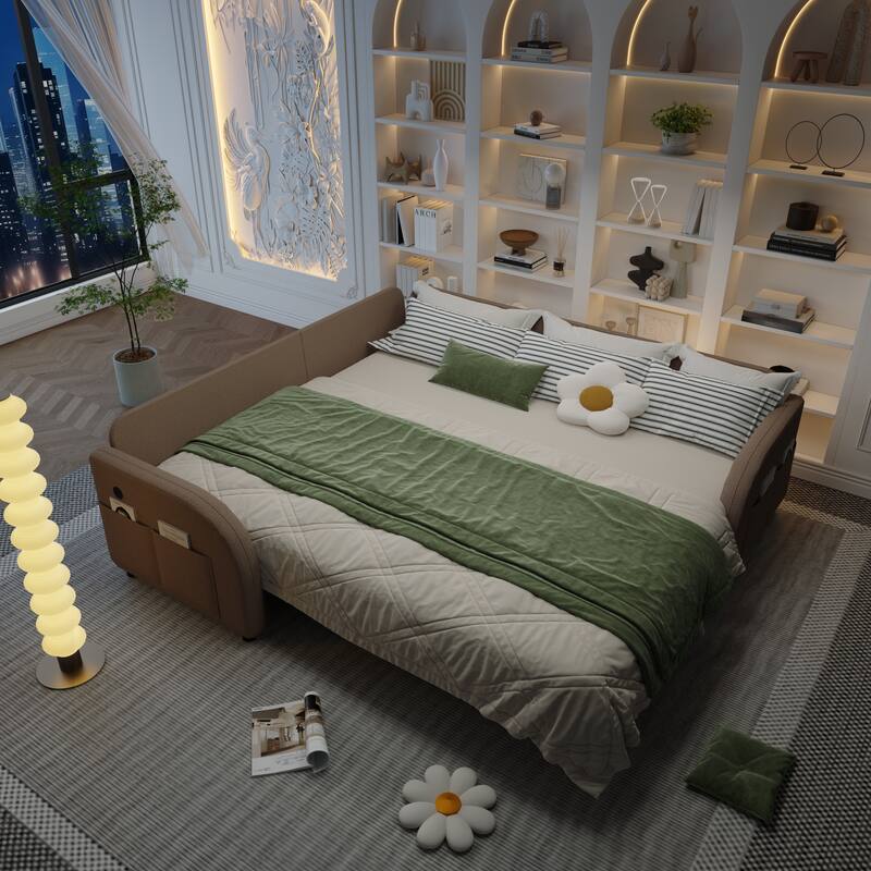 Sectional Sleeper Sofa with Pull Out Bed, Convertible Teddy Fabric Couch with Side Pockets & USB Ports, L Shaped Modular Couches