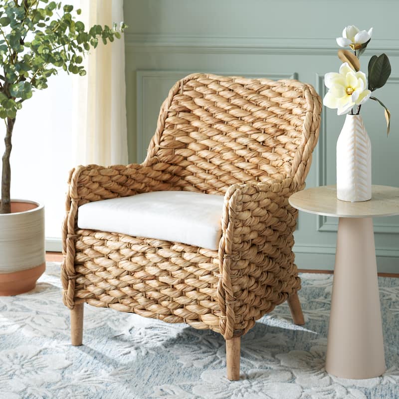 SAFAVIEH Purrl Hyacinth Solid Wood Accent Chair with Cushion, Fully Assembled - 26"W x 26"D x 32"H - White/Natural