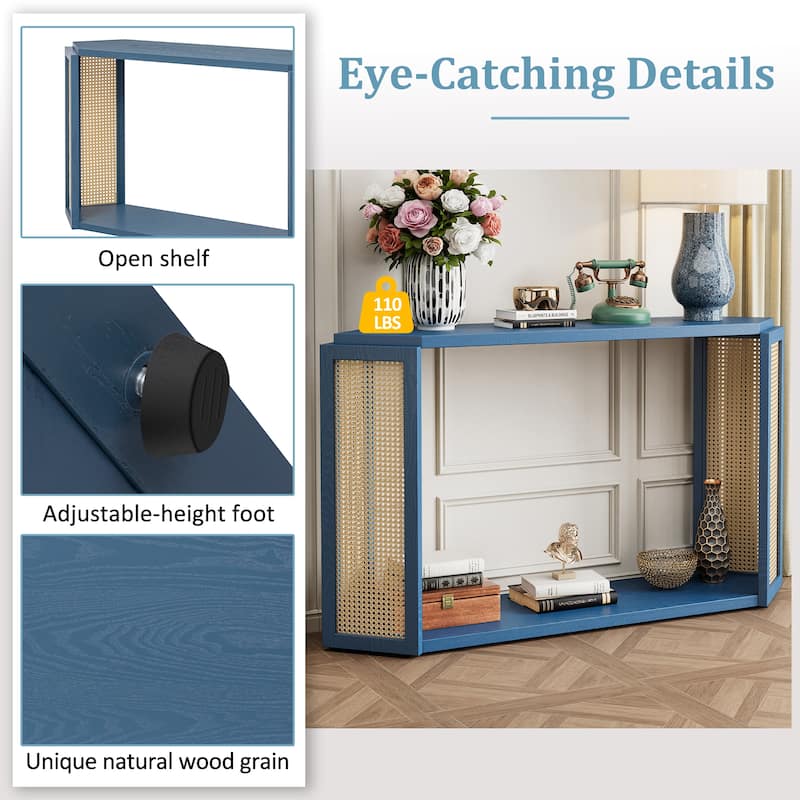 Rattan Console Table, Behind Couch Sofa Table with Unique Irregular Top & Open Storage Shelf Entryway Table Hallway Tables - Antique Blue