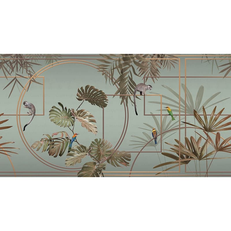 Modern Tropical Jungle Wallpaper Mural with Monkeys and Exotic Birds