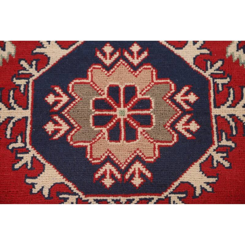 Geometric Kazak Area Rug Handmade Red Wool Carpet - 5'1" x 6'8"