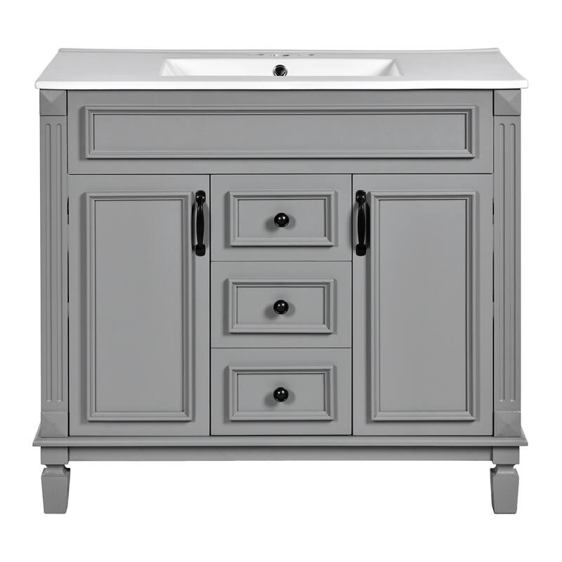 36'' Bathroom Vanity with Top Sink, Freestanding Vanity Set with Mirror Cabinet