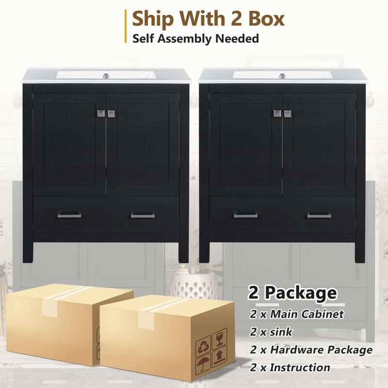 60 Inch Bathroom Vanity with Double Ceramic Sinks, 4 Doors, 2 Drawers, and Divided Storage - Freestanding Design