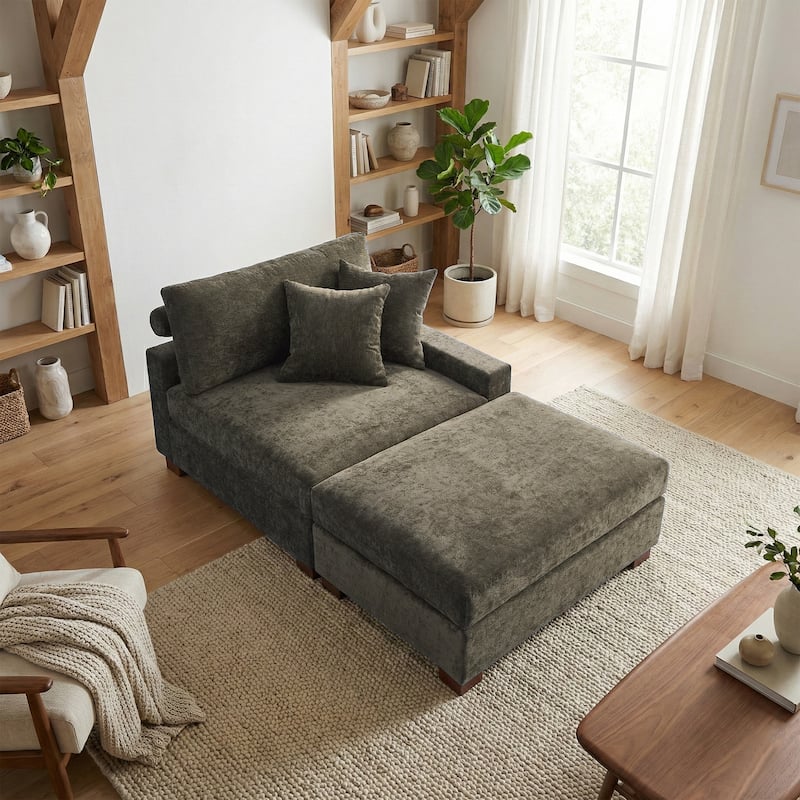 Oversized Chenille Modular Armchair And Ottoman Set Living Room Set