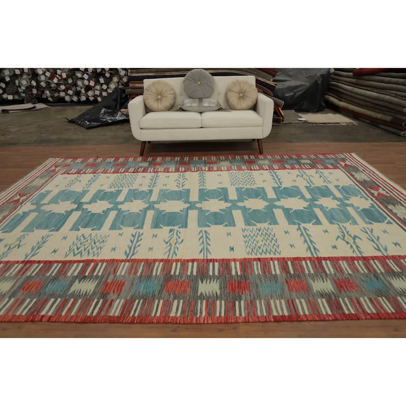 Hand Woven Oriental 100% Wool Carpet Southwestern Tribal Beige & Ivories Kilim Area Rug - 11' 10'' X 8' 8''