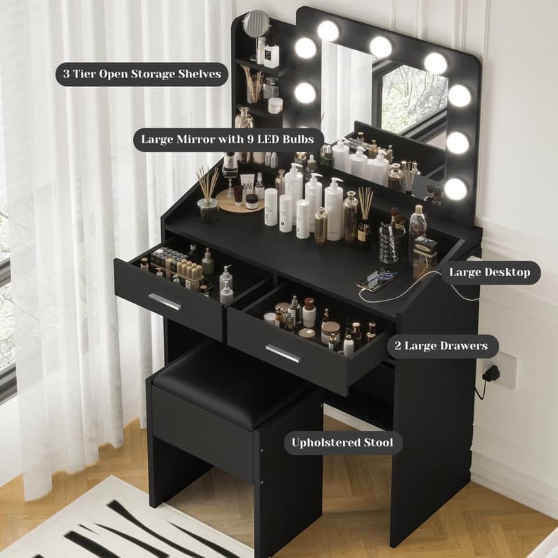 Makeup Vanity Desk with Mirror and Stool, Charging Station, 2 Drawers, 3 Shelves
