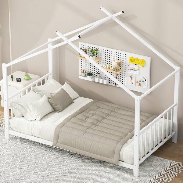 slide 2 of 30, Twin Size Metal House Bed with Roof, Easy Assembly White - Twin