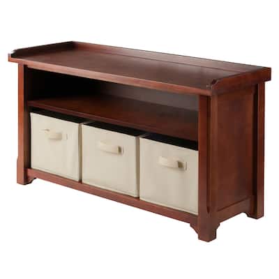 Verona 4-Pc Storage Bench with 3 Foldable Fabric Baskets, Walnut and Beige - 40"W x 14.20"D x 22"H