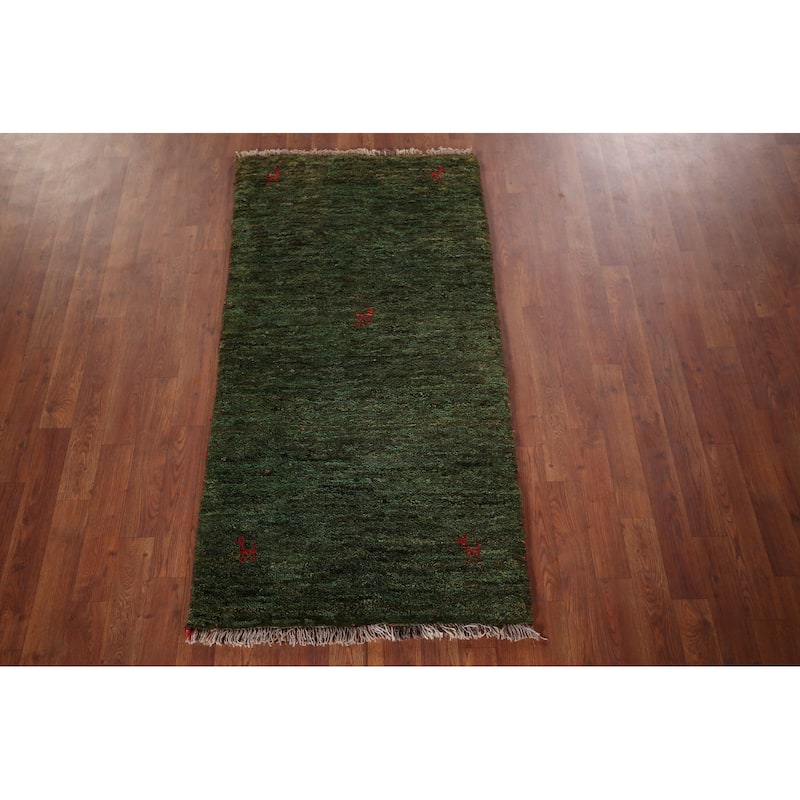 Tribal Green Gabbeh Persian Accent Rug Handmade Wool Carpet - 2'7"x 5'0"