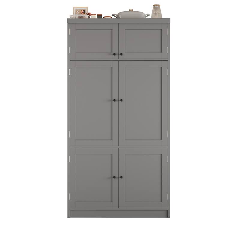 Roomfitters 80 Inch Extra Tall Kitchen Pantry Cabinet with Power Outlets and Wine Rack, Shaker Style