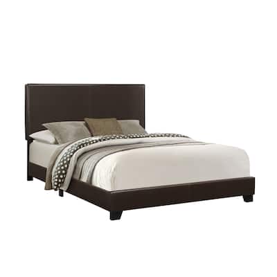 Brown White Faux Leather Queen Bed with Wood Frame and Upholstered Headboard